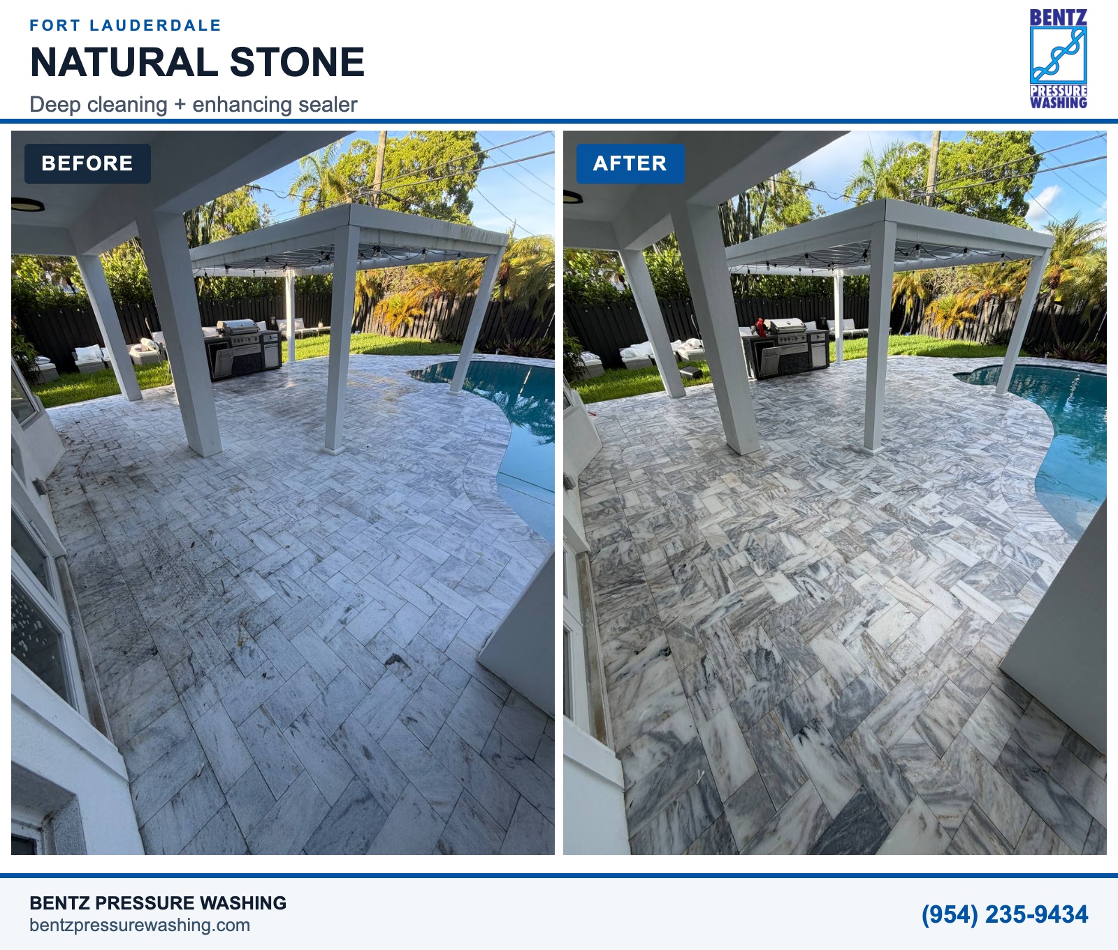 Fort Lauderdale natural-stone pool deck before deep cleaning and after an impregnating enhancing sealer